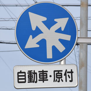 異形矢印標識(指定方向外進行禁止)。愛知県豊田市谷間高架橋東詰にある。
