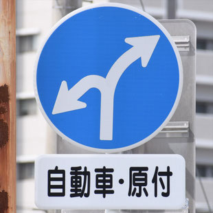 異形矢印標識(指定方向外進行禁止)。愛知県瀬戸市追分交差点にある。