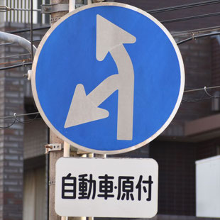 異形矢印標識(指定方向外進行禁止)。愛知県名古屋市昭和区塩付通２交差点にある。