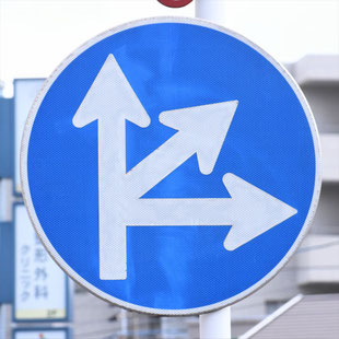 異形矢印標識(指定方向外進行禁止)。福岡県春日市春日原北町３・４丁目にある。