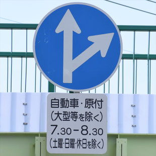 異形矢印標識(指定方向外進行禁止)。愛知県瀬戸市水無瀬交差点にある。