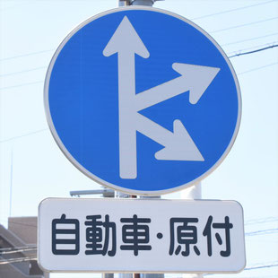 異形矢印標識(指定方向外進行禁止)。愛知県豊田市平芝町４丁目交差点にある。