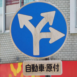 異形矢印標識(指定方向外進行禁止)。愛知県豊橋市道六橋南詰にある。