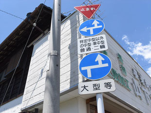 異形矢印標識(指定方向外進行禁止)。熊本県八代市にある。