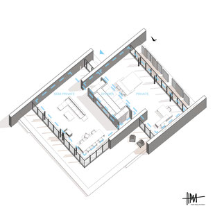 Modern open plan living around an efficient room divider by Heidi Mergl Architect