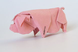 Origamimodell von Daniel Chang, Hängebauchschwein, gefaltet von ihm selbst aus handgeschöpftem Papier