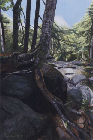 francois beaudry pastel and watercolor painting landscape water rocks trees via appalachia series 14