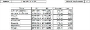 TARIFS LA CHEVALIERE Nombre de personnes 4 avril Hors Vacances 01/04/2015 11/04/2015 340,00 50,00 avril mai Vcs Paques 11/04/2015 10/05/2015 365,00 50,00 mai juin 10/05/2015 27/06/2015 335,00 50,00 début été 27/06/2015 25/07/2015 410,00 50,00 Coeur d'été 