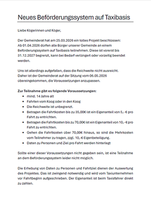 Neues Beförderungssystem auf Taxibasis 1