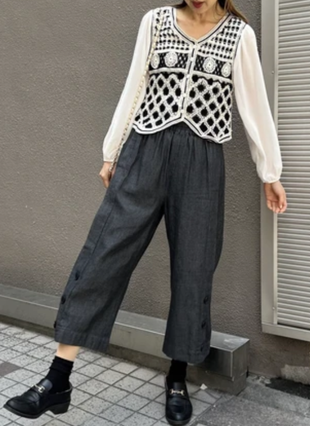 袖シアー×カギ針ニットのコンビトップス