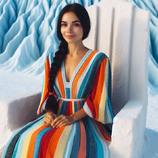 Eine Frau, die inmitten blauen Sandes auf einem weißen Thron sitzt. Sie trägt ein langes Kleid aus bunten Stoffbahnen. Das lange schwarze Haar liegt zu einem Zopf geflochten über ihrer rechten Schulter. Erstellt mit Microsoft Designer.