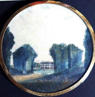 Louis Bélanger (1756-1816), Bagatelle façade arrière, gouache sur vélin, 7,9cm, daté (1787) et signé / Musée Boucher-de-Perthes