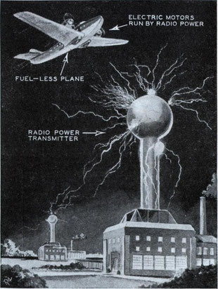 Nikola Tesla, electrical wizard, foresees the day when airplanes will be operated by radio-transmitted power supplied by ground stations, as shown in the drawing above.