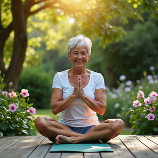 ältere Frau lächelnd bei der Meditation