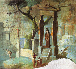 Eine Zeremonie zur Verehrung des Sarkophags des Osiris, der auf einem Fresko im Isis-Tempel in Pompeji (bei Neapel in Italien) aus dem 1. Jahrhundert n. Chr. dargestellt ist. 