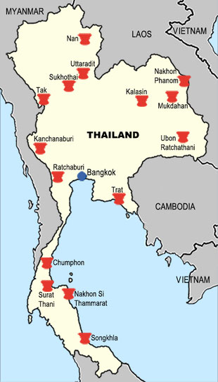 Map of antique drum discoveries in Thailand before 2000 CE