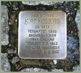 Stolperstein auf der Rückertststraße 12. Der 1911 in Dresden geborene Mosberg wurde 1940 zunächst ins Konzentrationslager Sachsenhausen, dann nach Dachau deportiert. Im März 1942 wurde er auf Schloss Hartheim in Österreich vergast.