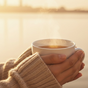 Hände in einem beigen Pullover halten eine weiße, dampfende Teetasse als Symbol für Achtsamkeit und Gelassenheit im Alltag – Hypnose Praxis Hamburg.