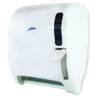 Despachador de toalla en rollo palanca AG16510 Color: Blanco con base blanca Dimensiones en milímetros: Alto: 366 Largo: 307 Ancho: 265 Capacidad: 1 rollo de 8’’ / 20.3 cm Contenido por caja: 1 pieza