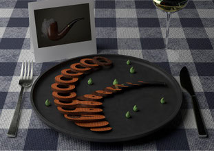 Gerookte Magritte — 3D-beeld van een bord waarop de pijp van Magritte in dunne houten schijven is gesneden en gerangschikt zoals plakjes gerookte zalm, gepresenteerd op een gedekte tafel met bestek, een glas en een afbeelding van de rokende pijp.