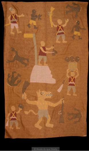   Fig. 1. Yemadjè family workshop (Fon ethnic group, Republic of Benin)   Appliqué cloth depicting King Glele of Dahomey and his warriors in battle   Imported cotton, plain weave, 221 x 135 x 1 cm   1911-1912   Musée du Quai Branly-Jacques Chirac, Paris 