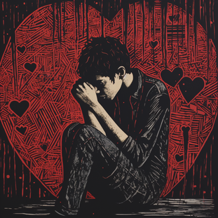 Mann sitzt traurig am Boden Hände vor dem Gesicht im Hintergrund grosses rotes Herz illustritert mit kleinen Herzen darin, im Stil der Punk-Kunst, Hell-Dunkel-Holzschnitte, rot und schwarz, zerrissene Kanten, extrem detailliert, Post-Graffiti