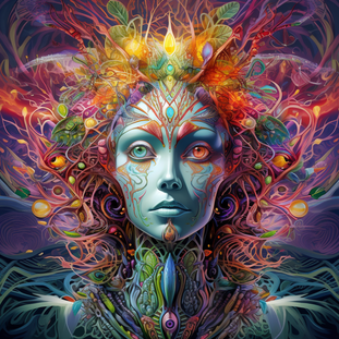 Die Frau sieht psychedelisch aus und hat farbige Haare aus geschwungenen Strichen, im Stil sehr detaillierter Illustrationen, mystischer Symbolik, präziser Kunst, hellrot und blau, dreidimensionale Effekte, majestätische Komposition, sehr detailliert