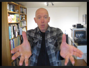 Screenshot of author Dave Cousins performing a virtual school visit via video link