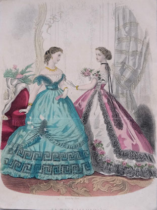 La Mode Illustrée fashion plate depicting two standing ladies in Victorian gowns, one green the other pink