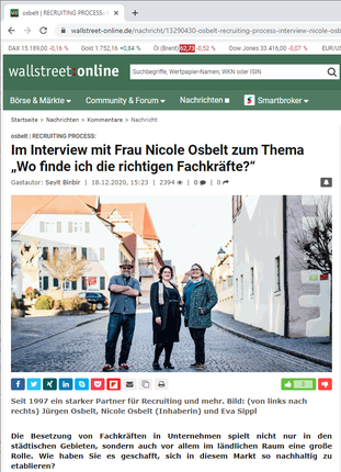 wallstreet-online.de Interview mit Nicole Osbelt zum Thema "Wo finde ich die richtigen Fachkräfte?"