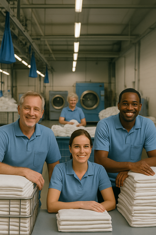 Vier Mitarbeiter in blauen Poloshirts in einer Wäscherei, lächelnd mit gefalteter weißer Wäsche vor sich