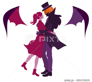 イラスト素材　ハロウィン　抱き合うジャックオランタンと女性吸血鬼
