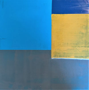 abstract painting with colour squares. Grey at the bottom, blue, and yellow squares on top