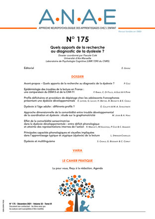 ANAE N°175 - Apports de la recherche dans le diagnostic de la dyslexie