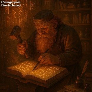 Ein zwergischer Schreiber bearbeitet ein Runenbuch aus Stein mit seinem Werkzeug. Erstellt mit ChatGPT.