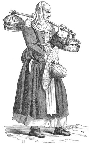 Eine Eierhändlerin, 16. Jahrhundert. Aus dem Buch: Sitten, Traditionen und Mode im Mittelalter und in der Renaissance. 