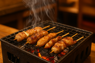 Close-up of assorted yakitori skewers (negima, tsukune, momo, tebasaki) on a charcoal grill, smoke rising, warm izakaya atmosphere.
