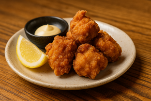 Golden crispy karaage fried chicken pieces on a small plate with lemon wedge and dipping mayo, izakaya wooden table background.