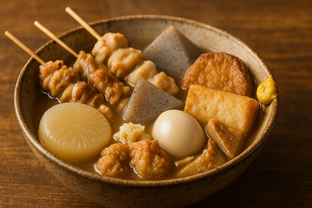 Assorted oden simmering in soy-dashi broth: daikon radish, boiled egg, konnyaku, and fish cakes, served in a rustic Japanese bowl.