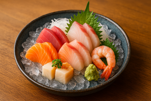 Colorful sashimi moriawase platter with tuna, salmon, yellowtail, and shrimp, arranged on crushed ice with shiso leaves and wasabi.