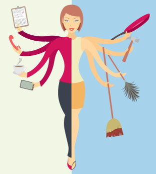 Atelier charge mentale au Pertuis – Illustration d'une femme multi-tâches gérant travail et maison, symbolisant la dispersion cognitive et les solutions de sophrologie de Gaëlle Pagès pour retrouver l'équilibre.