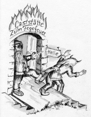 Der Nikolaus befördert einen Teufel mit einem Fußtritt aus der Gaststätte "Zum Fegefeuer".