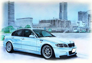 BMWと横浜みなとみらいのイラスト