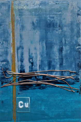 abstract painting in blue with a yellow line down the left side and copper strips across the middle. The letters Cu are printed in white at the bottom