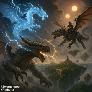 Ein Erddrache, ein Blitzdrache und ein mechanischer Drachen kämpfen fliegend. Erstellt mit Microsoft Designer.