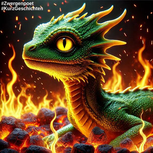 Ein weiblicher, grün geschuppter Baby-Drache mit sonnengelben Reptilien-Augen und einem schnabelartigen Maul liegt in einem Kamin mit glimmenden Kohlen. Zug Verfügung gestellt von meinem Freund TheDoctor.