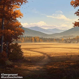 Ein Wanderpfad, der aus einem Wald auf ein Feld führt. In der Ferne ein kleines Dorf. Erstellt mit Craiyon.