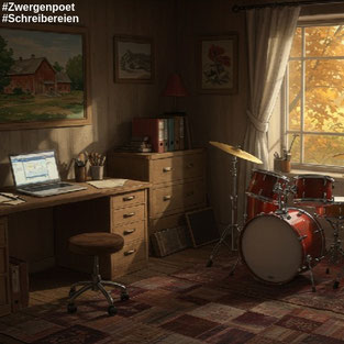 Blick in einHobbyzimmer: Links ein Schreibtisch mit Laptop, darüber das Bild eines Bauernhauses. Rechts davon steht ein Schlagzeug. Dahinter ist ein Fenster mit Blick in einen Garten. Erstellt mit Craiyon.