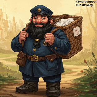 Ein Zwerg mit einer altmodischen Postuniform. Auf dem Rücken trägt er einen großen Postkorb mit Lederriemen. Erstellt mit Craiyon.