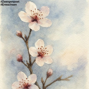 Aquarell des blühenden Zweiges eines Pflaumenbaums. Erstellt mit ChatGPT.